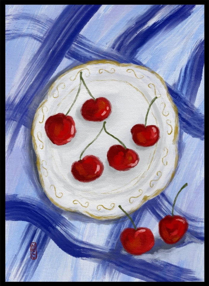 Painting of cherries on a white plate with a blue background. Red Cherries Blue Table by Dirkie Nell is a contemporary fruit still life art print featuring hand painted cherries, blue table linens, and colorful kitchen wall art style.