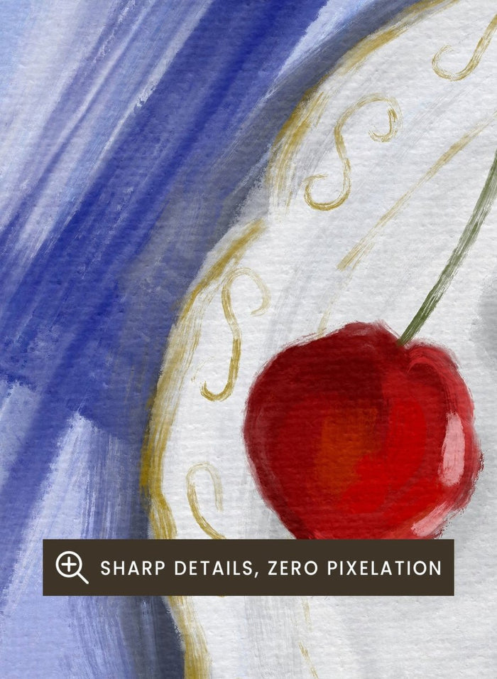 Painting of cherries on a white plate with a blue background. Red Cherries Blue Table by Dirkie Nell is a contemporary fruit still life art print featuring hand painted cherries, blue table linens, and colorful kitchen wall art style.