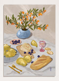 A still life painting of fruit and bread on a draped table, with pears, blueberries, a loaf of bread, cheese, a pink goblet, and a blue vase holding orange branches, all rendered in a soft painterly style. Shop Rustic Pears Still Life by Dirkie Nell, a colorful kitchen still life art print featuring pears, bread, cheese, blueberries, orange berries, and a blue vase.
