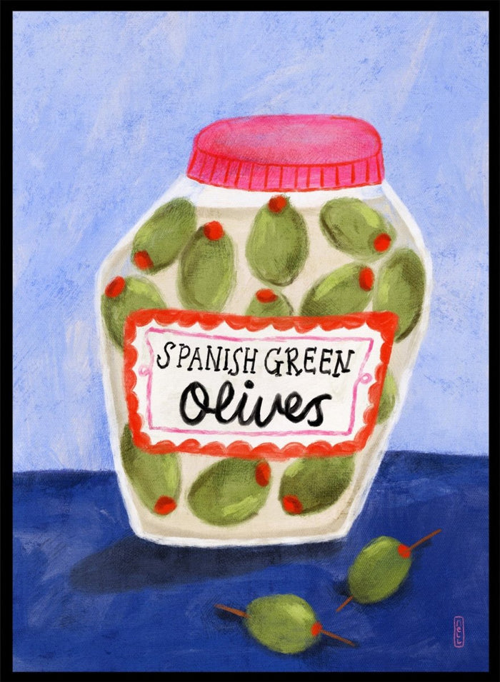 Illustration of a jar of Spanish green olives on a blue background. Spanish Green Olives Jar by Dirkie Nell is a playful food art print featuring hand painted olives, colorful kitchen details, and Mediterranean inspired design.