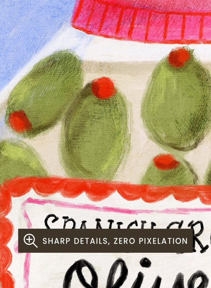 Illustration of a jar of Spanish green olives on a blue background. Spanish Green Olives Jar by Dirkie Nell is a playful food art print featuring hand painted olives, colorful kitchen details, and Mediterranean inspired design.