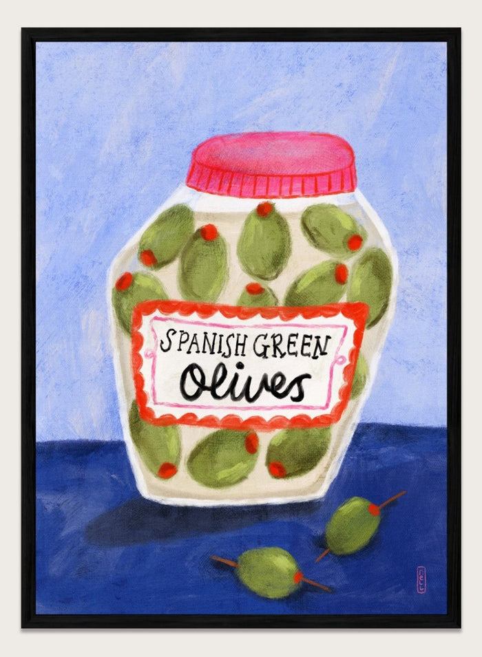 Illustration of a jar of Spanish green olives on a blue background. Spanish Green Olives Jar by Dirkie Nell is a playful food art print featuring hand painted olives, colorful kitchen details, and Mediterranean inspired design.