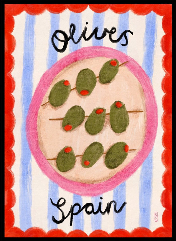 Spanish Olives Plate by Dirkie Nell is a colorful food art print featuring olives, Mediterranean inspired kitchen wall art, striped patterns, and playful modern illustration.