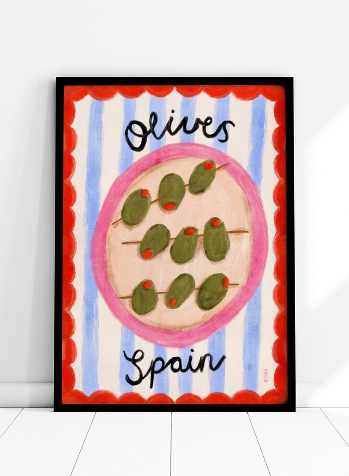 Spanish Olives Plate by Dirkie Nell is a colorful food art print featuring olives, Mediterranean inspired kitchen wall art, striped patterns, and playful modern illustration.