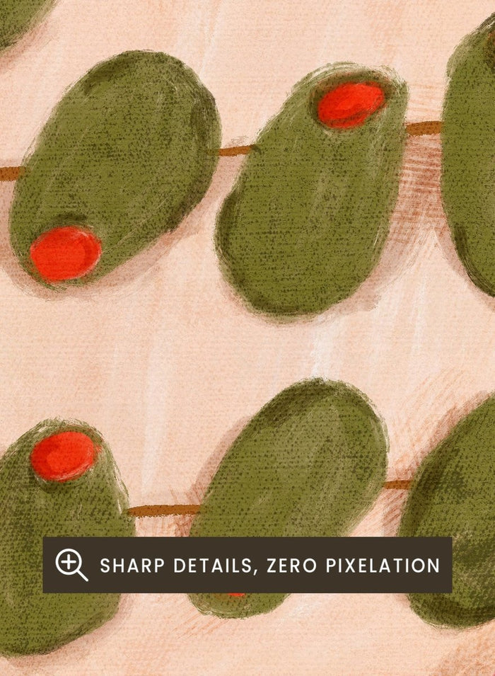 Spanish Olives Plate by Dirkie Nell is a colorful food art print featuring olives, Mediterranean inspired kitchen wall art, striped patterns, and playful modern illustration.