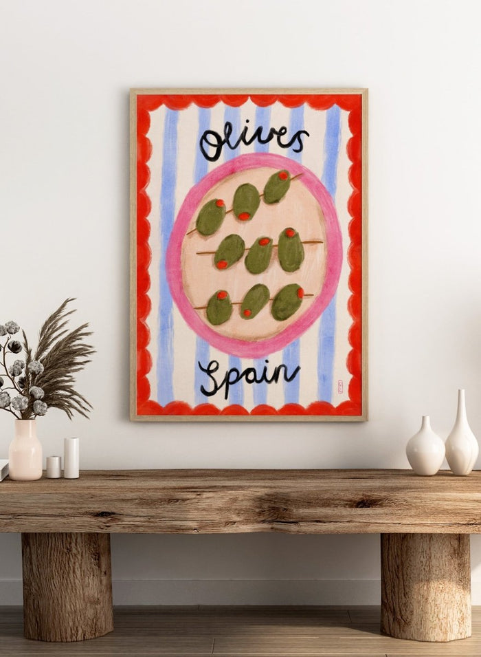 Spanish Olives Plate by Dirkie Nell is a colorful food art print featuring olives, Mediterranean inspired kitchen wall art, striped patterns, and playful modern illustration.