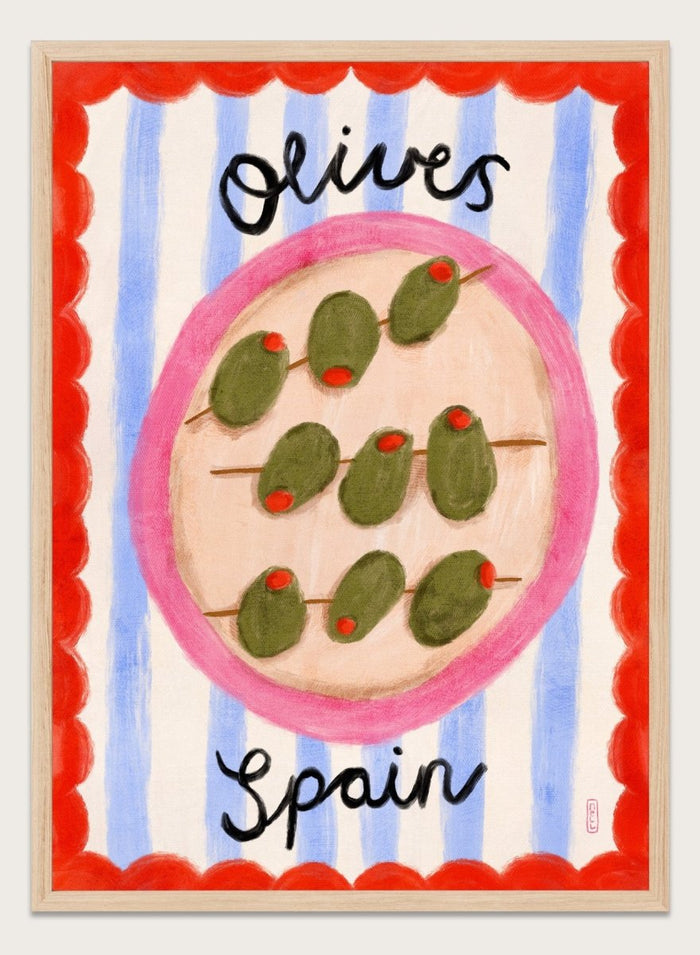Spanish Olives Plate by Dirkie Nell is a colorful food art print featuring olives, Mediterranean inspired kitchen wall art, striped patterns, and playful modern illustration.