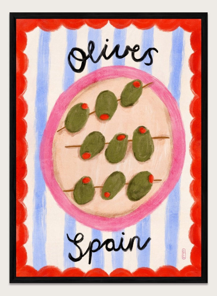 Spanish Olives Plate by Dirkie Nell is a colorful food art print featuring olives, Mediterranean inspired kitchen wall art, striped patterns, and playful modern illustration.