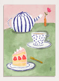 A whimsical watercolor-style illustration of a tea-time scene with a blue-and-white striped teapot, a blue-and-white patterned teacup and saucer, a slice of strawberry cake on a plate, a small gold fork, and a pink background with a vase holding a flower. Shop Strawberry Tea Time by Dirkie Nell, a colorful still life art print featuring strawberry cake, tea, a striped teapot, pink flowers, and retro pastel tones.