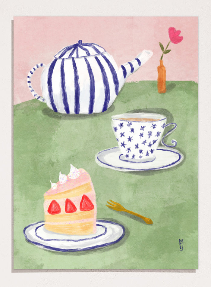 A whimsical watercolor-style illustration of a tea-time scene with a blue-and-white striped teapot, a blue-and-white patterned teacup and saucer, a slice of strawberry cake on a plate, a small gold fork, and a pink background with a vase holding a flower. Shop Strawberry Tea Time by Dirkie Nell, a colorful still life art print featuring strawberry cake, tea, a striped teapot, pink flowers, and retro pastel tones.