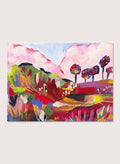 A framed abstract landscape painting featuring pink clouds, green hills, and colorful stylized trees. Shop Vibrant Fantasy Landscape by Dirkie Nell, a colorful landscape art print featuring pink clouds, rolling hills, wildflowers, and bold abstract color.