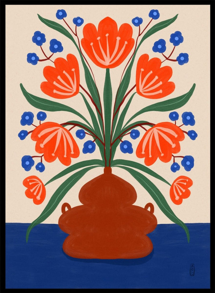 Vibrant Floral Terracotta Vase by Dirkie Nell is a colorful floral art print featuring bold orange flowers, folk inspired illustration, Mediterranean decor, and modern botanical wall art.