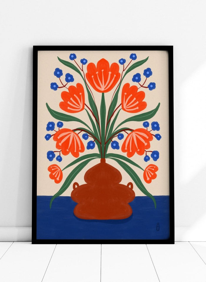 Vibrant Floral Terracotta Vase by Dirkie Nell is a colorful floral art print featuring bold orange flowers, folk inspired illustration, Mediterranean decor, and modern botanical wall art.