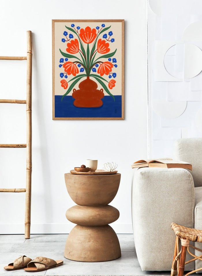 Vibrant Floral Terracotta Vase by Dirkie Nell is a colorful floral art print featuring bold orange flowers, folk inspired illustration, Mediterranean decor, and modern botanical wall art.
