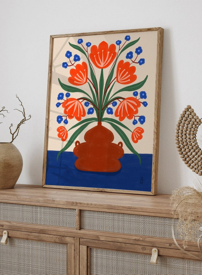 Vibrant Floral Terracotta Vase by Dirkie Nell is a colorful floral art print featuring bold orange flowers, folk inspired illustration, Mediterranean decor, and modern botanical wall art.