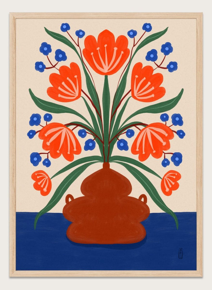 Vibrant Floral Terracotta Vase by Dirkie Nell is a colorful floral art print featuring bold orange flowers, folk inspired illustration, Mediterranean decor, and modern botanical wall art.