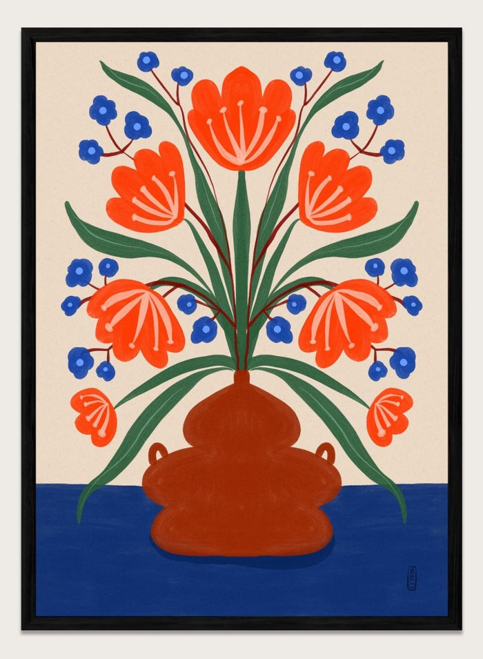 Vibrant Floral Terracotta Vase by Dirkie Nell is a colorful floral art print featuring bold orange flowers, folk inspired illustration, Mediterranean decor, and modern botanical wall art.