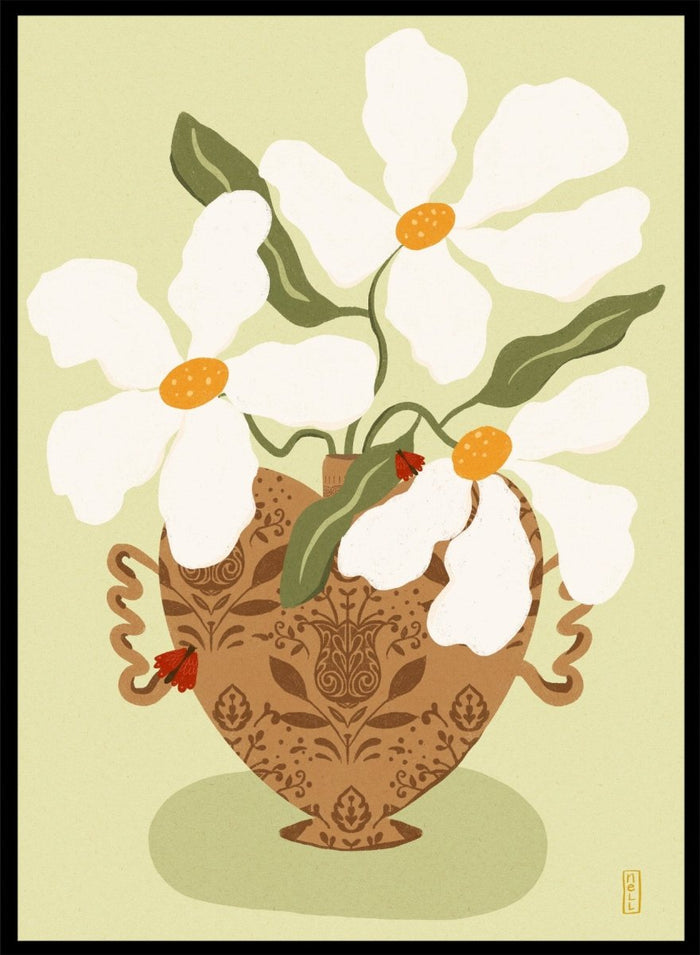 Decorative illustration of a vase with white flowers on a light green background. Whimsical Floral Heart by Dirkie Nell is a floral art print featuring oversized white flowers, a patterned heart vase, and hand painted folk inspired details.