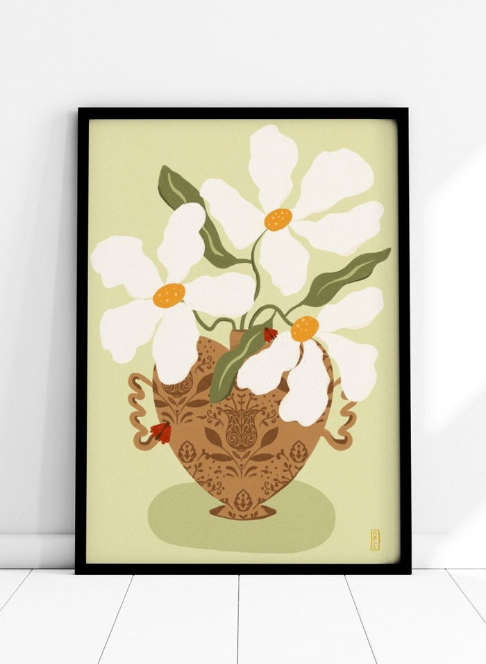 Decorative illustration of a vase with white flowers on a light green background. Whimsical Floral Heart by Dirkie Nell is a floral art print featuring oversized white flowers, a patterned heart vase, and hand painted folk inspired details.
