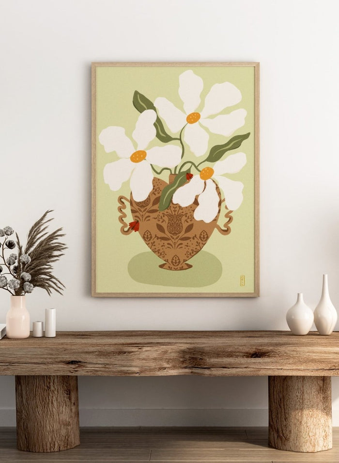 Decorative illustration of a vase with white flowers on a light green background. Whimsical Floral Heart by Dirkie Nell is a floral art print featuring oversized white flowers, a patterned heart vase, and hand painted folk inspired details.