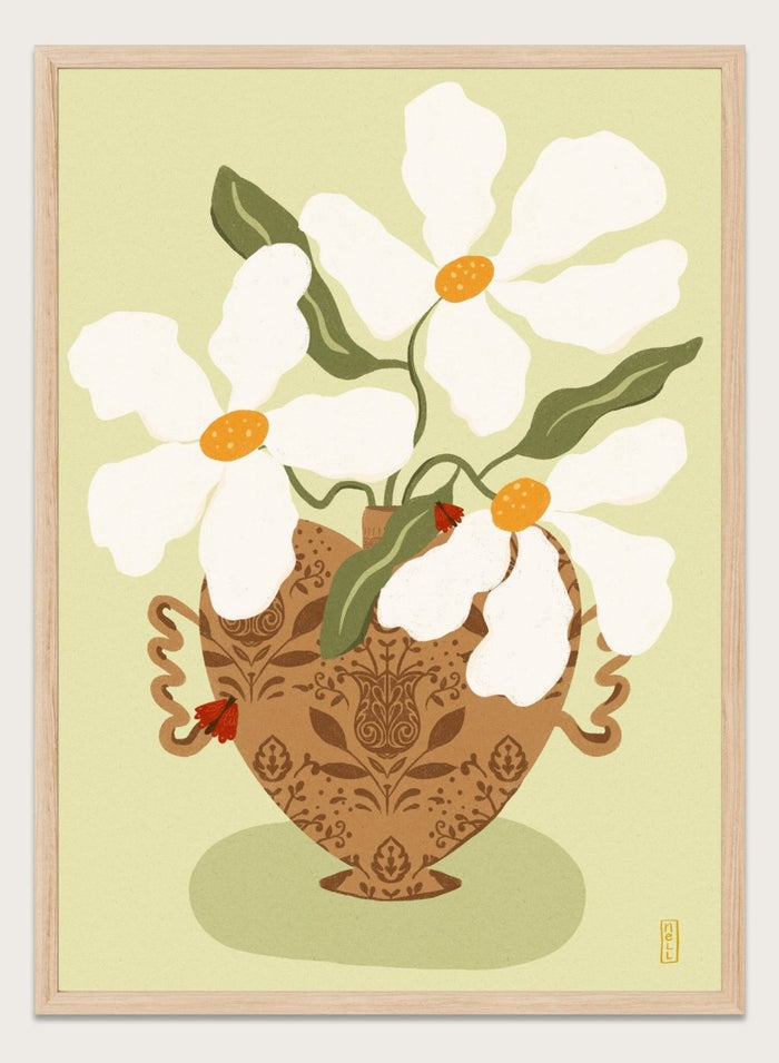 Decorative illustration of a vase with white flowers on a light green background. Whimsical Floral Heart by Dirkie Nell is a floral art print featuring oversized white flowers, a patterned heart vase, and hand painted folk inspired details.