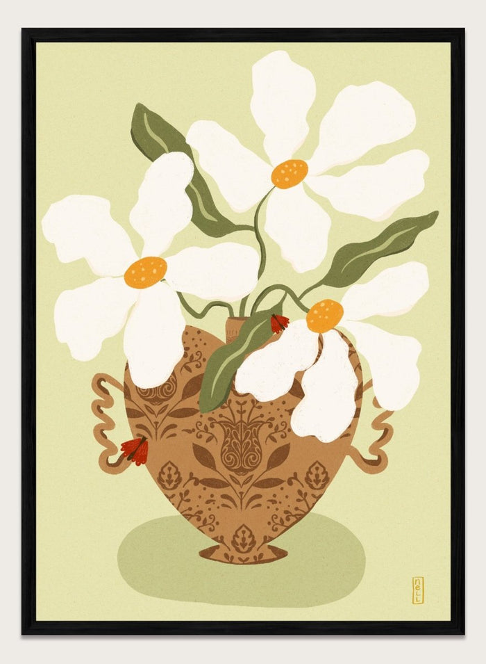 Decorative illustration of a vase with white flowers on a light green background. Whimsical Floral Heart by Dirkie Nell is a floral art print featuring oversized white flowers, a patterned heart vase, and hand painted folk inspired details.