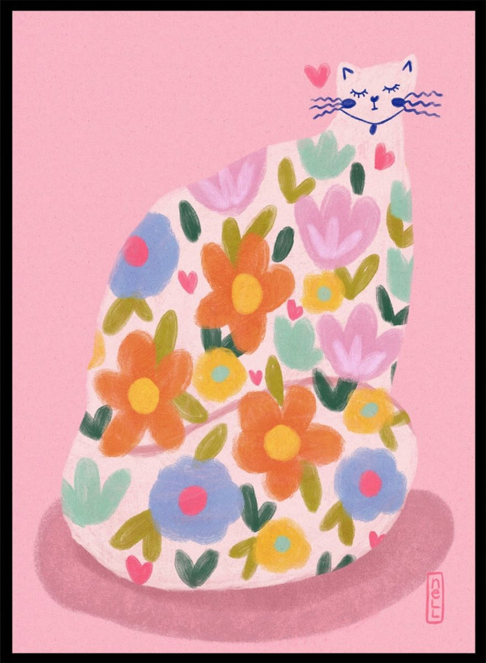 Whimsical Flower Cat by Dirkie Nell is a colorful cat art print featuring playful floral patterns, pastel tones, and modern hand painted aesthetic wall art.