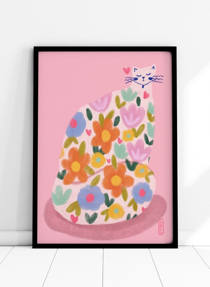 Whimsical Flower Cat by Dirkie Nell is a colorful cat art print featuring playful floral patterns, pastel tones, and modern hand painted aesthetic wall art.