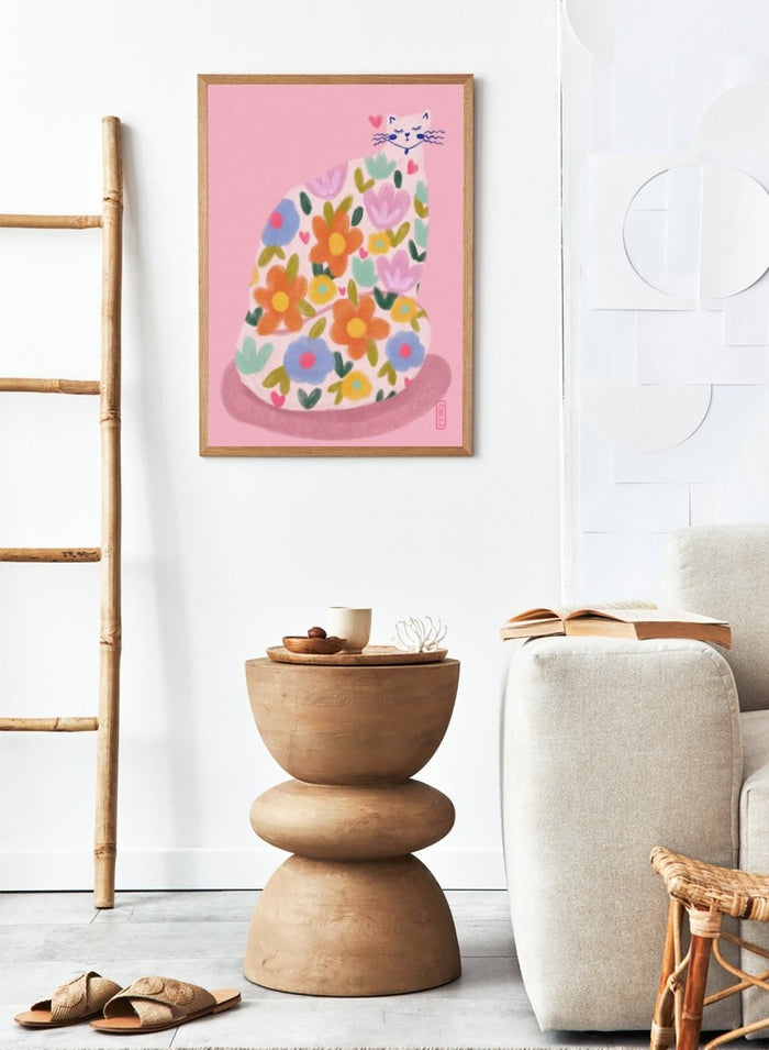 Whimsical Flower Cat by Dirkie Nell is a colorful cat art print featuring playful floral patterns, pastel tones, and modern hand painted aesthetic wall art.