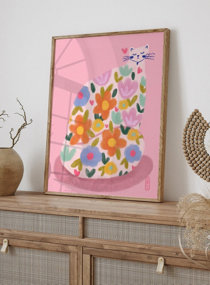 Whimsical Flower Cat by Dirkie Nell is a colorful cat art print featuring playful floral patterns, pastel tones, and modern hand painted aesthetic wall art.