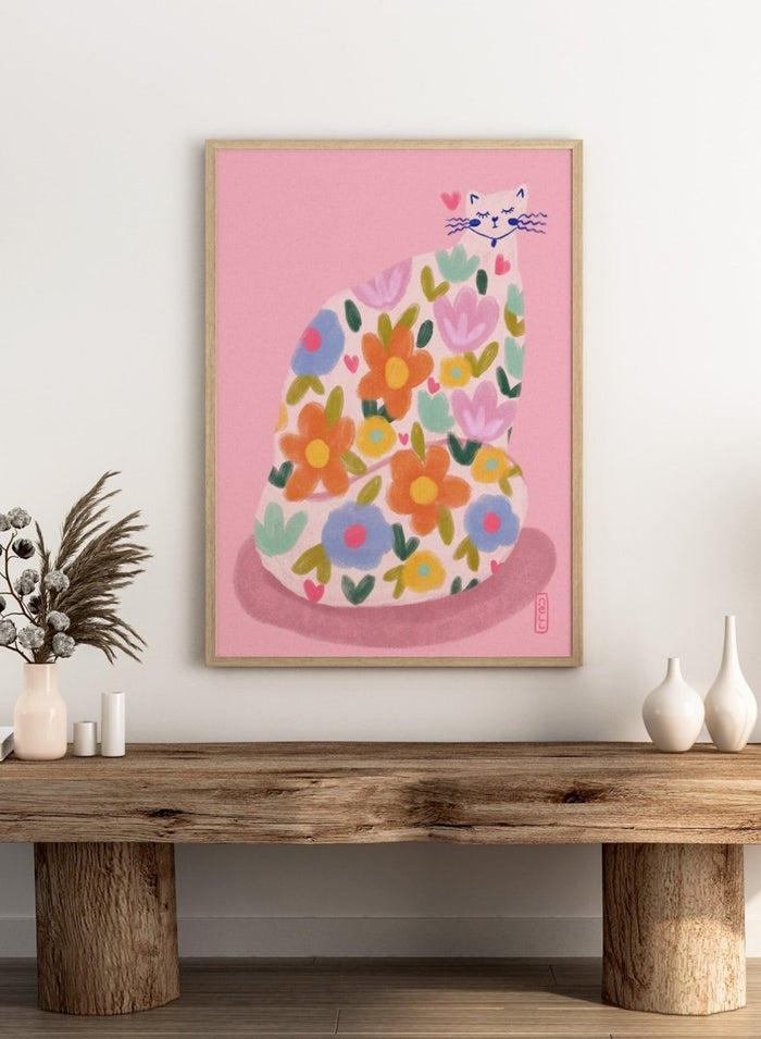 Whimsical Flower Cat by Dirkie Nell is a colorful cat art print featuring playful floral patterns, pastel tones, and modern hand painted aesthetic wall art.