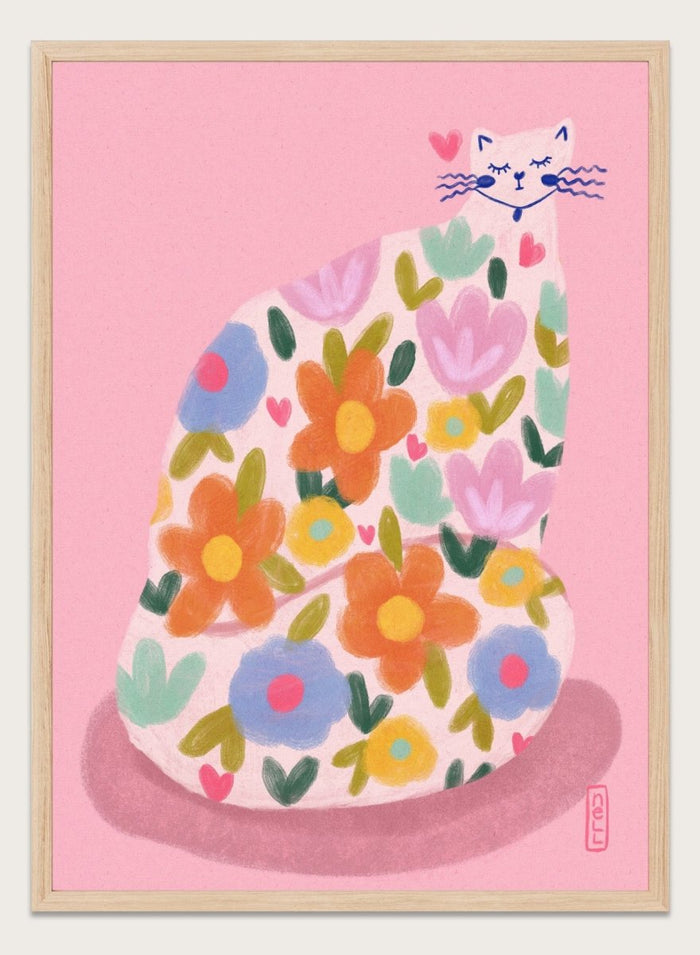 Whimsical Flower Cat by Dirkie Nell is a colorful cat art print featuring playful floral patterns, pastel tones, and modern hand painted aesthetic wall art.