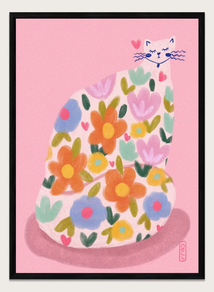 Whimsical Flower Cat by Dirkie Nell is a colorful cat art print featuring playful floral patterns, pastel tones, and modern hand painted aesthetic wall art.