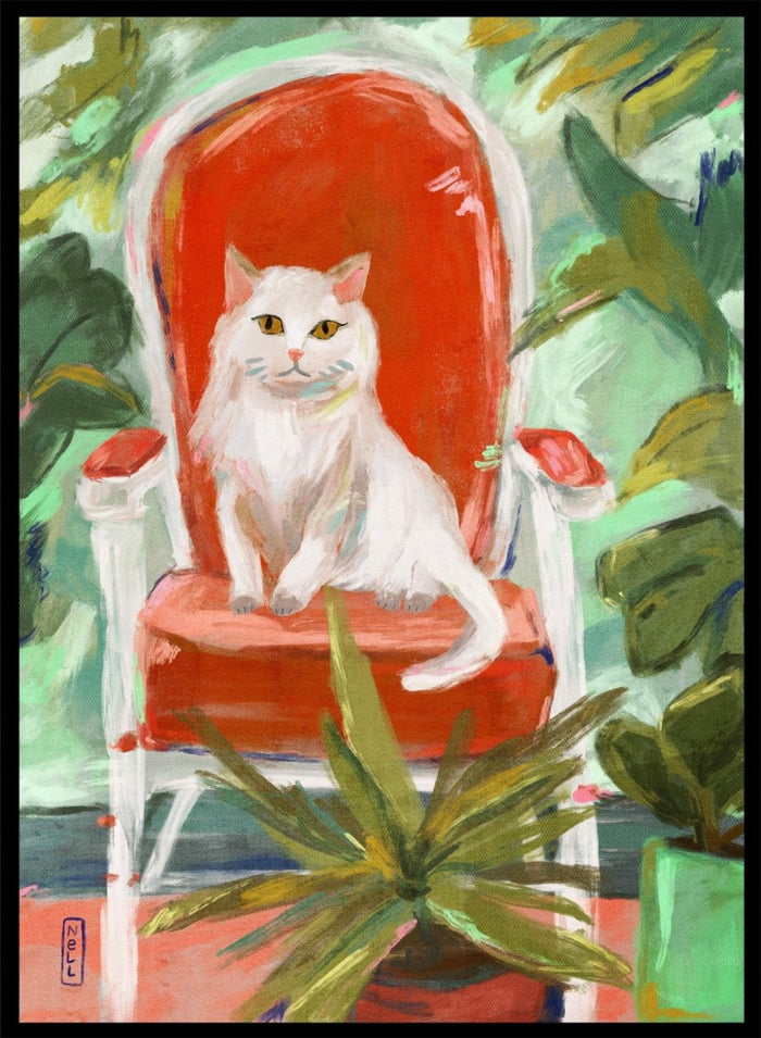 White cat on a red chair surrounded by green plants. White Cat Orange Chair by Dirkie Nell is a contemporary cat art print featuring expressive brushwork, colorful interiors, lush green plants, and modern animal wall art.