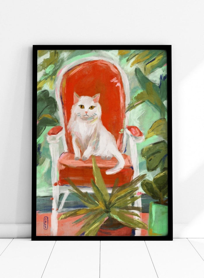 White cat on a red chair surrounded by green plants. White Cat Orange Chair by Dirkie Nell is a contemporary cat art print featuring expressive brushwork, colorful interiors, lush green plants, and modern animal wall art.