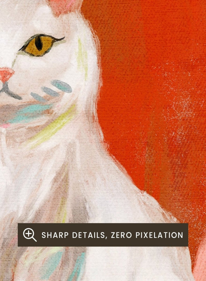 White cat on a red chair surrounded by green plants. White Cat Orange Chair by Dirkie Nell is a contemporary cat art print featuring expressive brushwork, colorful interiors, lush green plants, and modern animal wall art.
