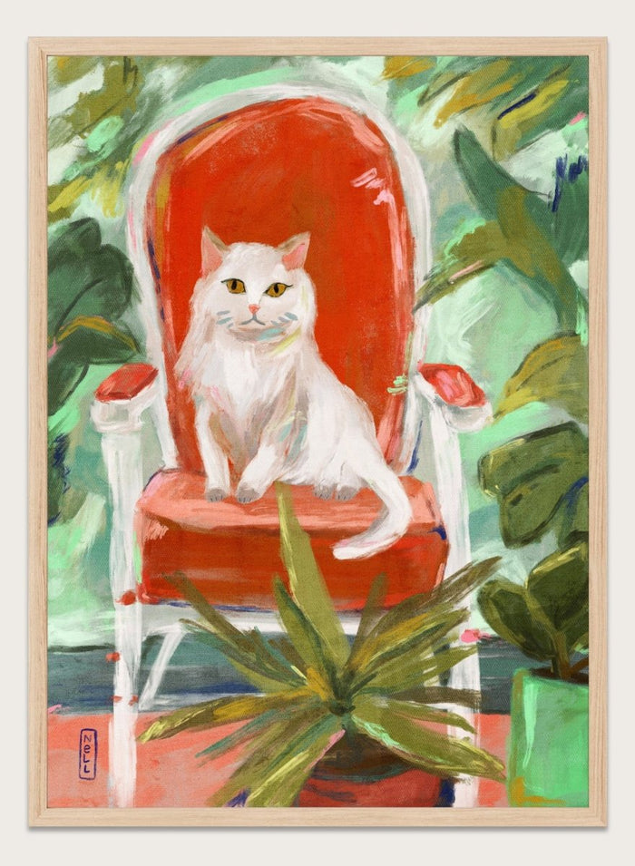 Dirkie Nell - White Cat Orange Chair Art Print