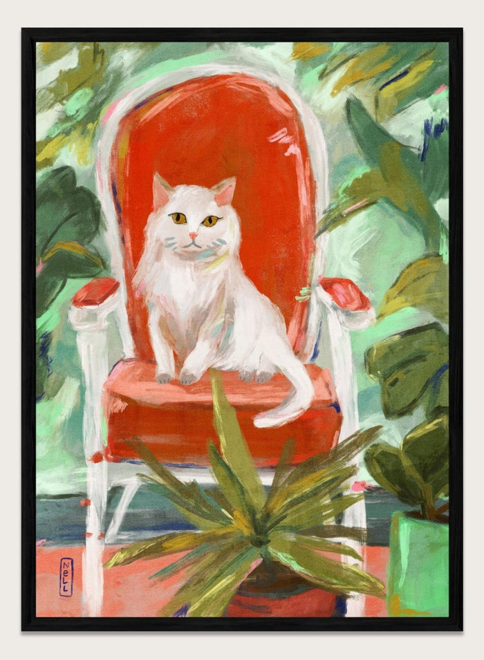 White cat on a red chair surrounded by green plants. White Cat Orange Chair by Dirkie Nell is a contemporary cat art print featuring expressive brushwork, colorful interiors, lush green plants, and modern animal wall art.