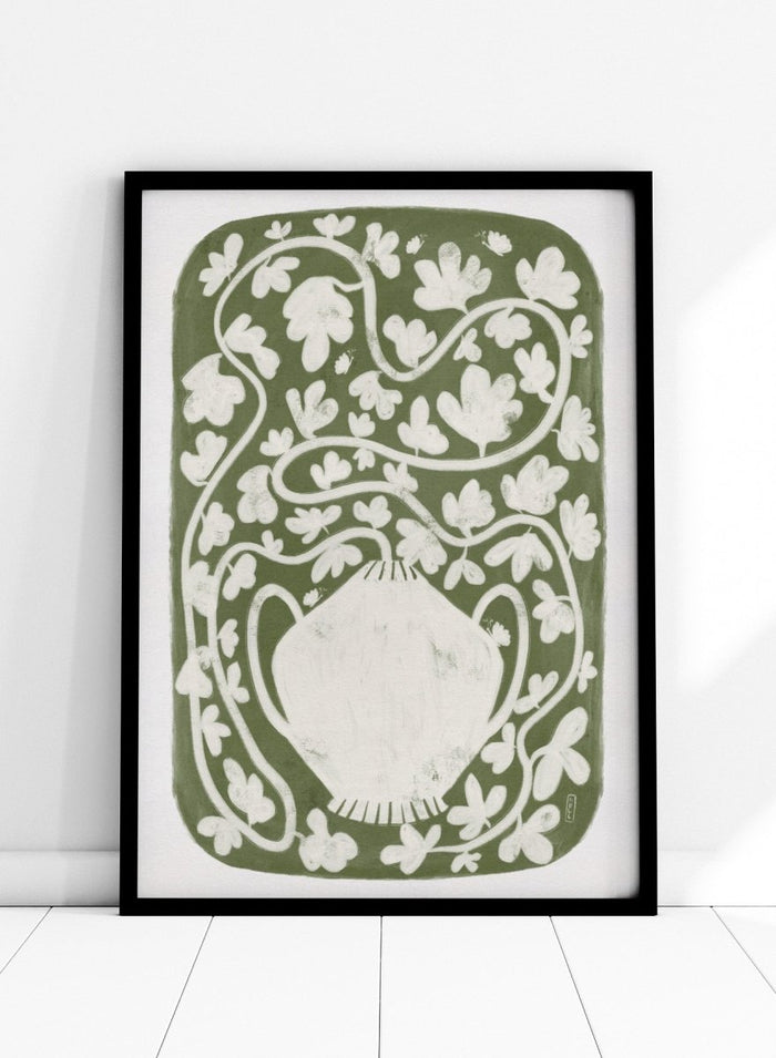 Winding Botanical Vase by Dirkie Nell is a modern folk art print featuring botanical vines, olive green tones, and hand drawn Scandinavian inspired wall art.