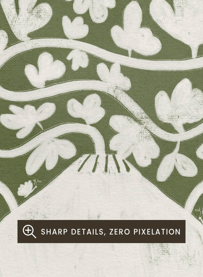 Winding Botanical Vase by Dirkie Nell is a modern folk art print featuring botanical vines, olive green tones, and hand drawn Scandinavian inspired wall art.