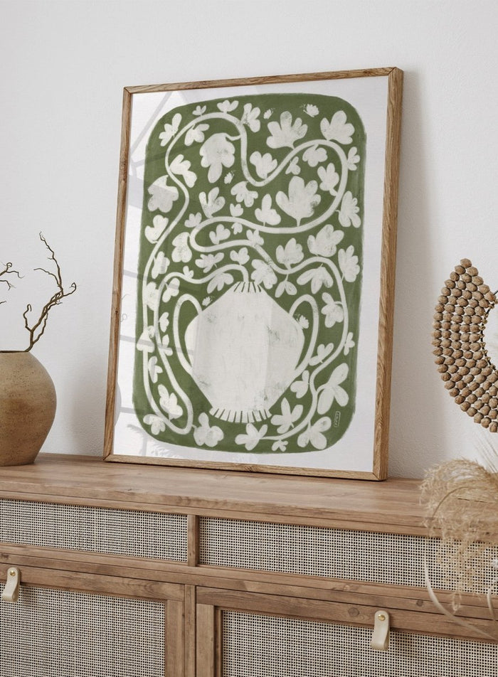 Winding Botanical Vase by Dirkie Nell is a modern folk art print featuring botanical vines, olive green tones, and hand drawn Scandinavian inspired wall art.
