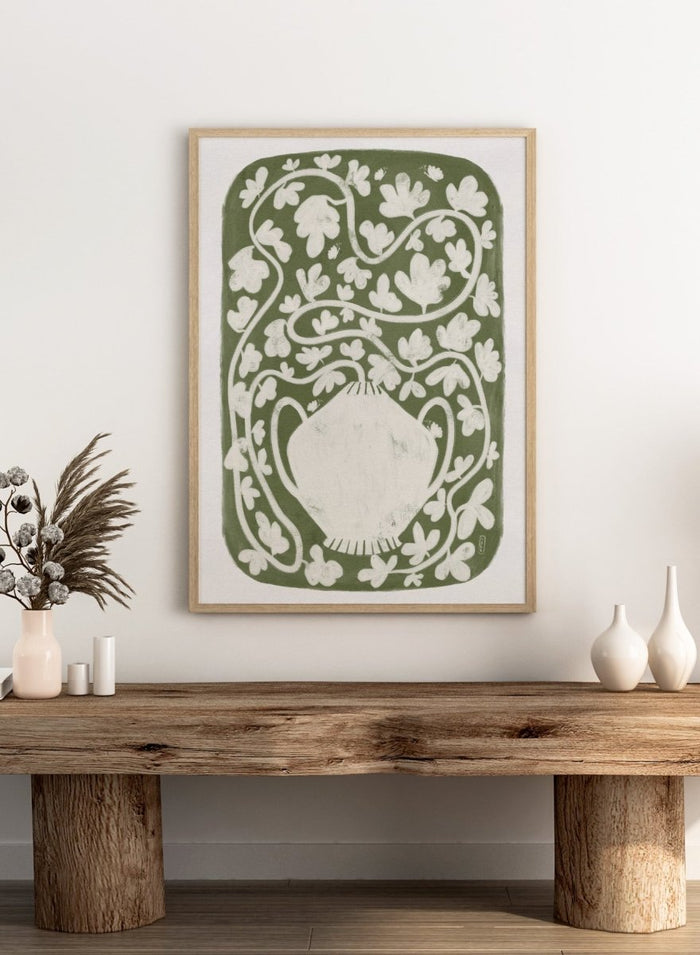 Winding Botanical Vase by Dirkie Nell is a modern folk art print featuring botanical vines, olive green tones, and hand drawn Scandinavian inspired wall art.