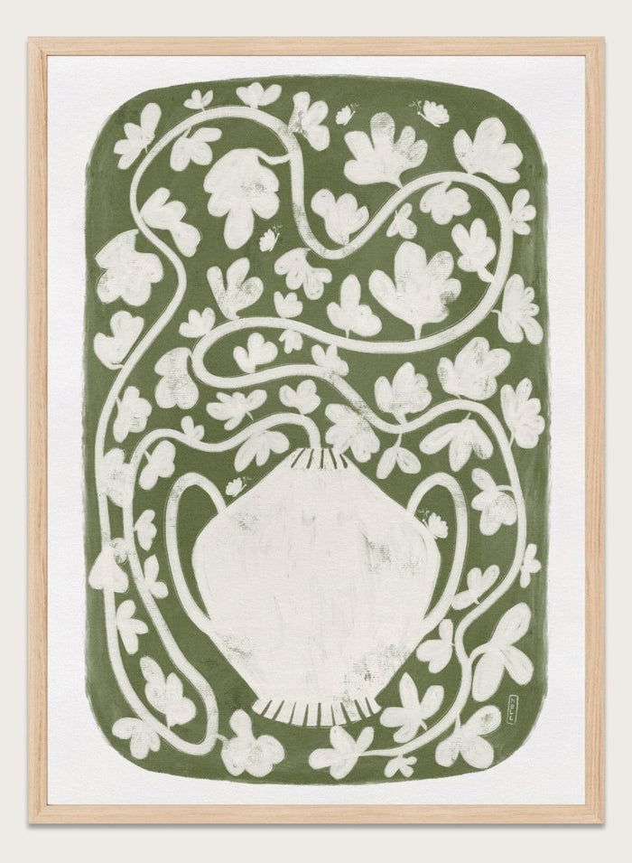 Winding Botanical Vase by Dirkie Nell is a modern folk art print featuring botanical vines, olive green tones, and hand drawn Scandinavian inspired wall art.