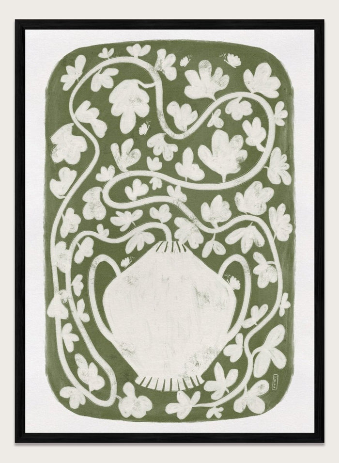 Winding Botanical Vase by Dirkie Nell is a modern folk art print featuring botanical vines, olive green tones, and hand drawn Scandinavian inspired wall art.