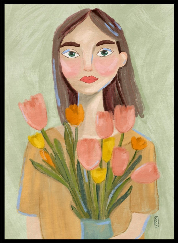 Artistic illustration of a woman holding flowers with a soft, pastel background. Woman with Spring Tulips by Dirkie Nell is a contemporary floral portrait art print featuring hand painted tulips, expressive illustration, and soft spring colors.
