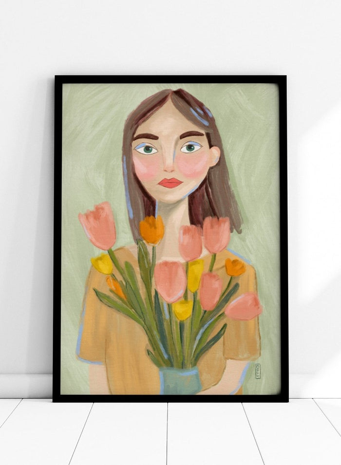 Artistic illustration of a woman holding flowers with a soft, pastel background. Woman with Spring Tulips by Dirkie Nell is a contemporary floral portrait art print featuring hand painted tulips, expressive illustration, and soft spring colors.