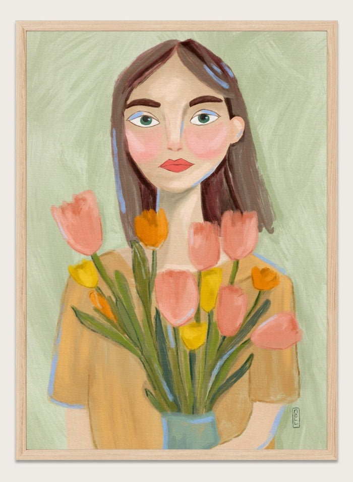 Artistic illustration of a woman holding flowers with a soft, pastel background. Woman with Spring Tulips by Dirkie Nell is a contemporary floral portrait art print featuring hand painted tulips, expressive illustration, and soft spring colors.