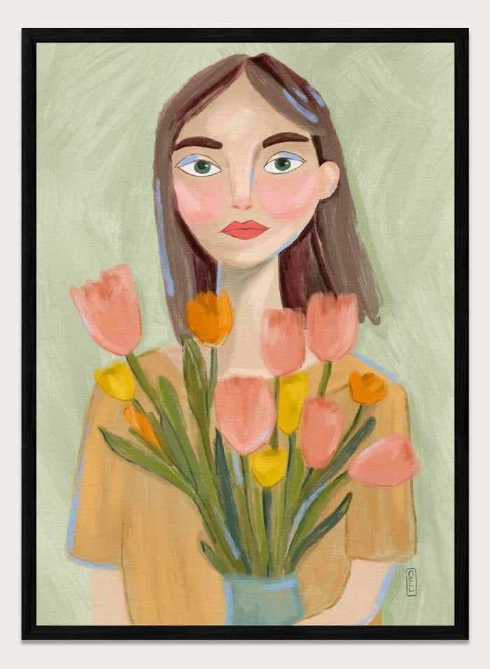 Artistic illustration of a woman holding flowers with a soft, pastel background. Woman with Spring Tulips by Dirkie Nell is a contemporary floral portrait art print featuring hand painted tulips, expressive illustration, and soft spring colors.