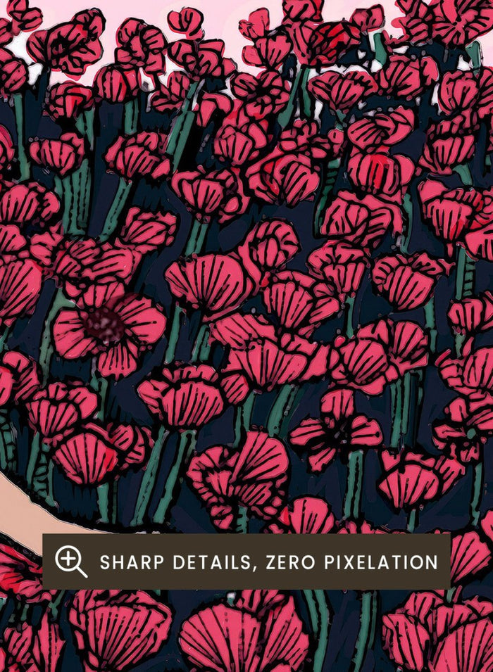Woman in a white dress standing in a field of red flowers with a gradient sky. Field of Poppies by E.C. Mazur is an officially licensed art print featuring a woman standing in a red poppy field. Illustrated landscape wall poster.