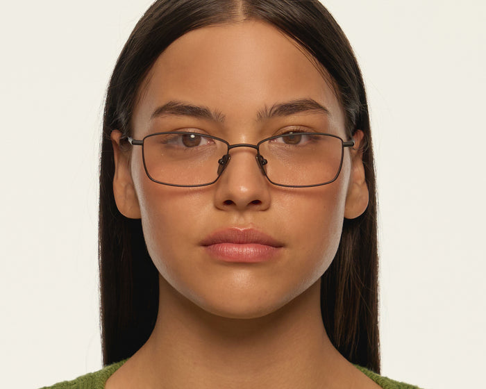 lifestyle-Charcoal::women Eddie Eyeglasses rectangle black titanium